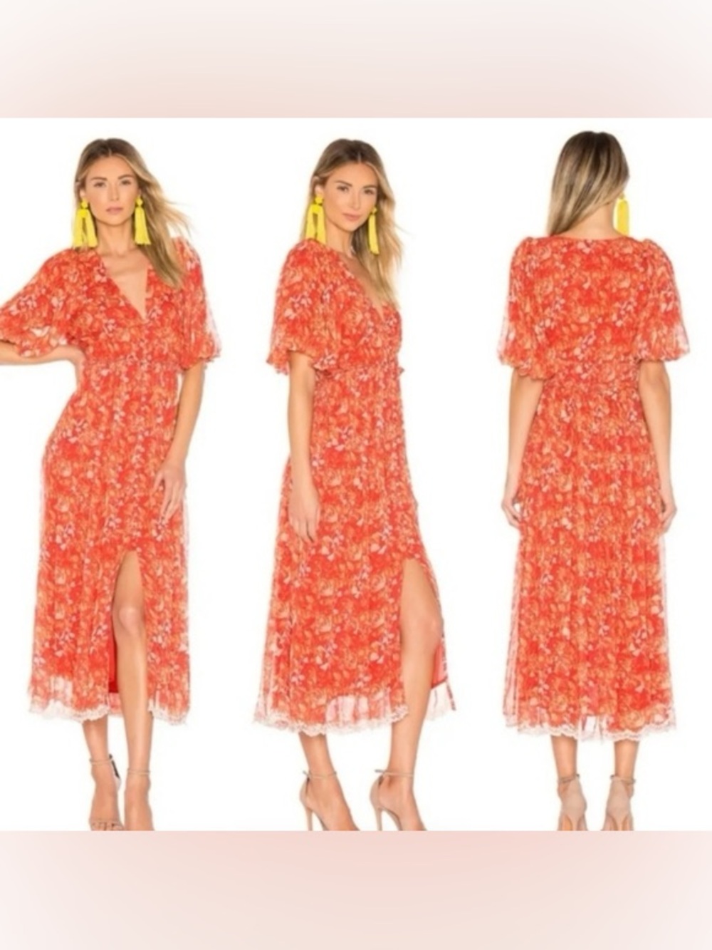 Hemant & Nandita Red Floral Midi Dress Boho Viscose Button Front M